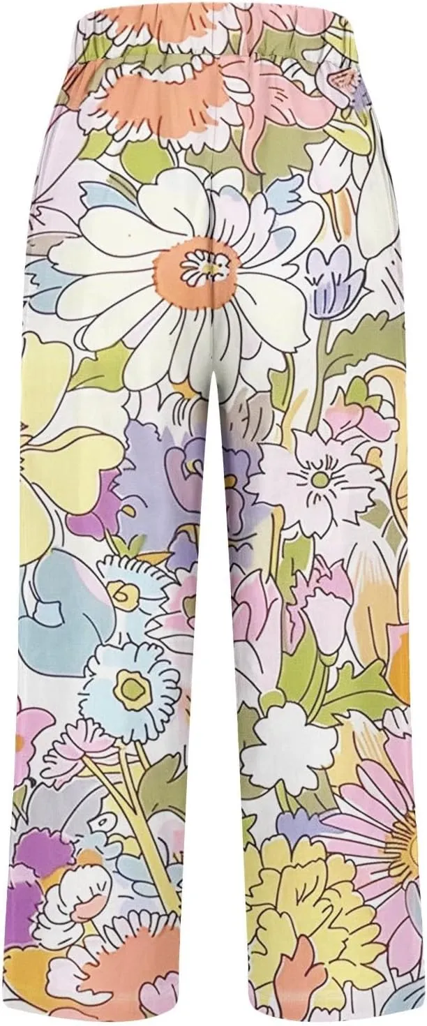 Womens Summer Casual Pants Boho Floral Elastic Waist Straight Leg Trousers Loose Comfy Linen Beach Pants with Pockets