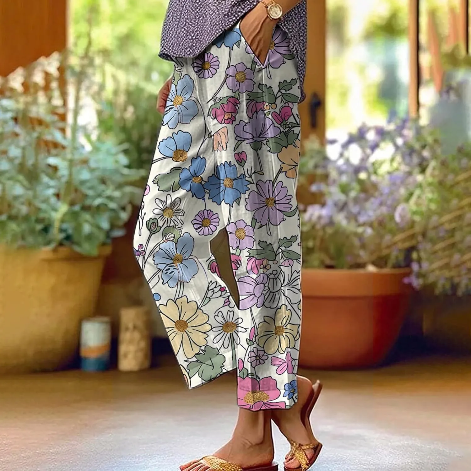 Womens Summer Casual Pants Boho Floral Elastic Waist Straight Leg Trousers Loose Comfy Linen Beach Pants with Pockets