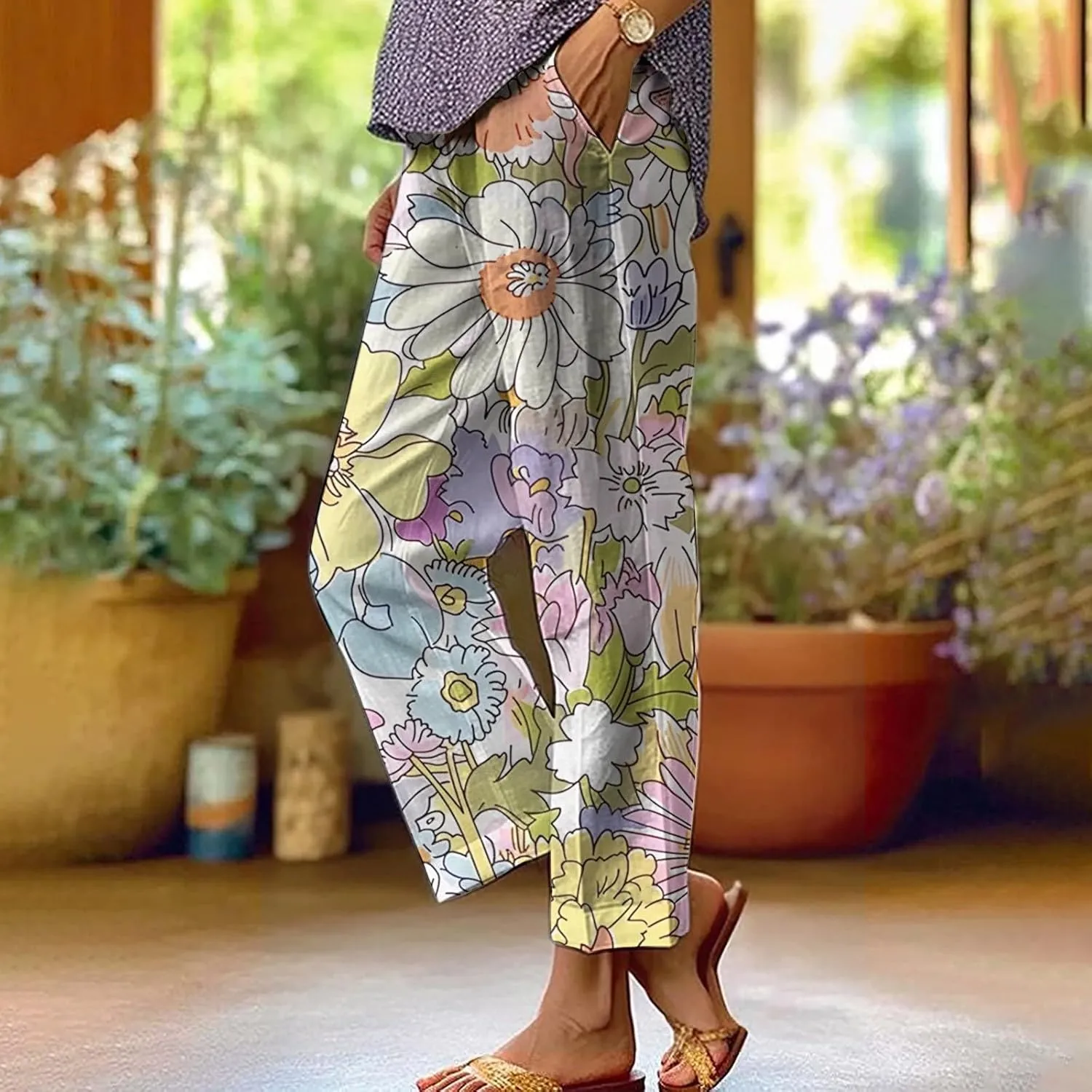Womens Summer Casual Pants Boho Floral Elastic Waist Straight Leg Trousers Loose Comfy Linen Beach Pants with Pockets