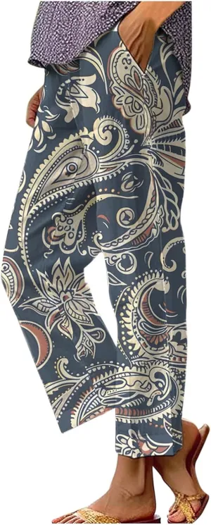 Womens Summer Casual Pants Boho Floral Elastic Waist Straight Leg Trousers Loose Comfy Linen Beach Pants with Pockets