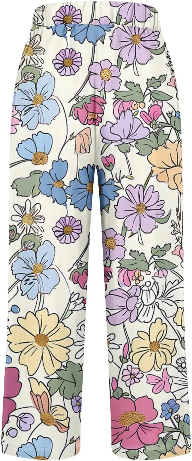 Womens Summer Casual Pants Boho Floral Elastic Waist Straight Leg Trousers Loose Comfy Linen Beach Pants with Pockets