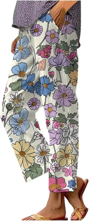 Womens Summer Casual Pants Boho Floral Elastic Waist Straight Leg Trousers Loose Comfy Linen Beach Pants with Pockets