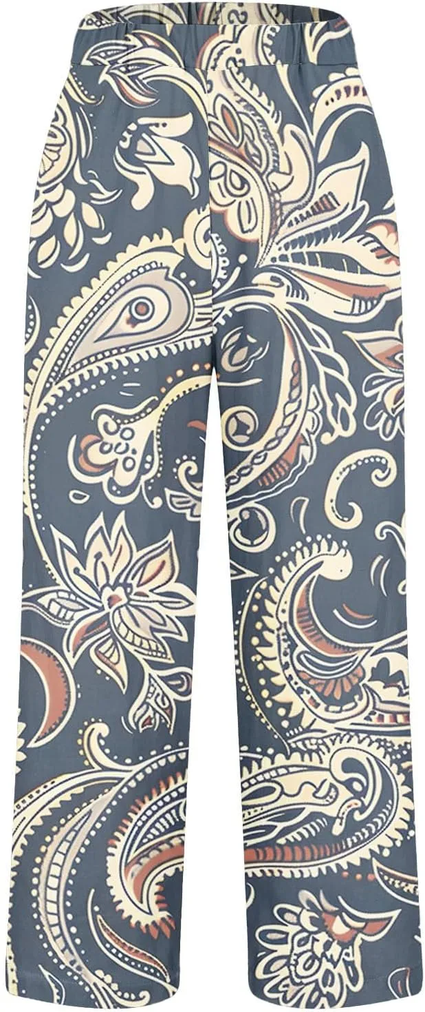 Womens Summer Casual Pants Boho Floral Elastic Waist Straight Leg Trousers Loose Comfy Linen Beach Pants with Pockets