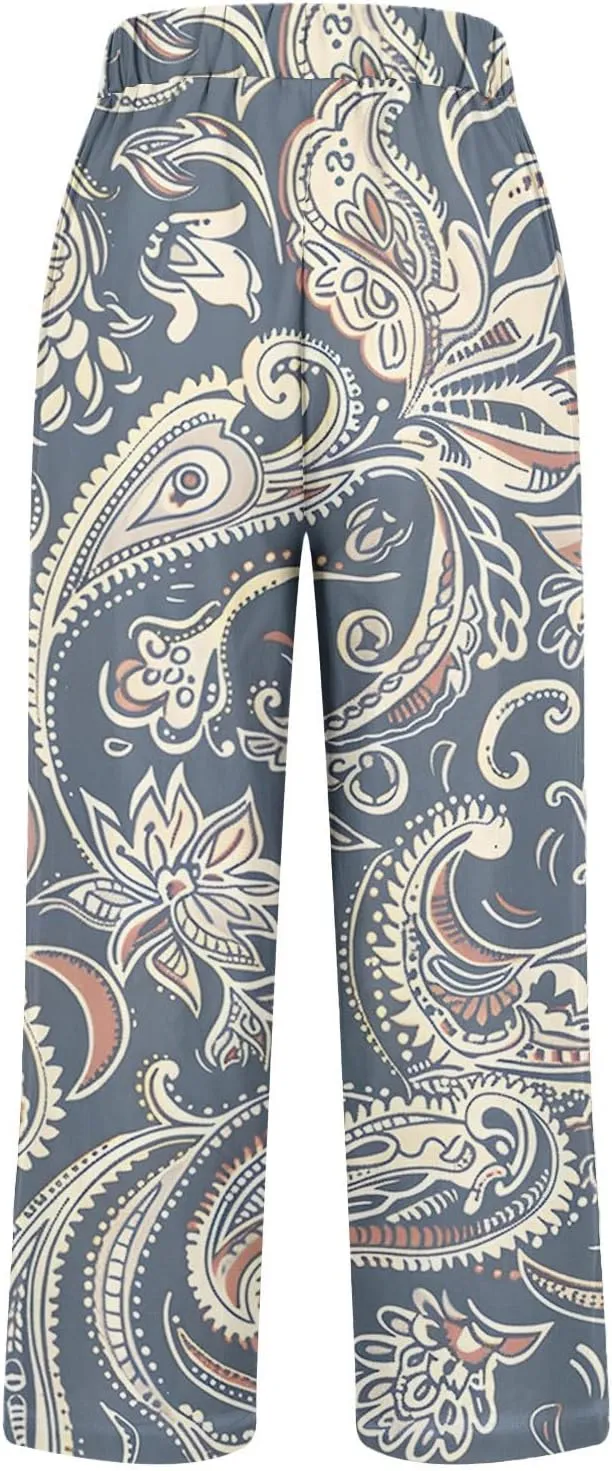 Womens Summer Casual Pants Boho Floral Elastic Waist Straight Leg Trousers Loose Comfy Linen Beach Pants with Pockets