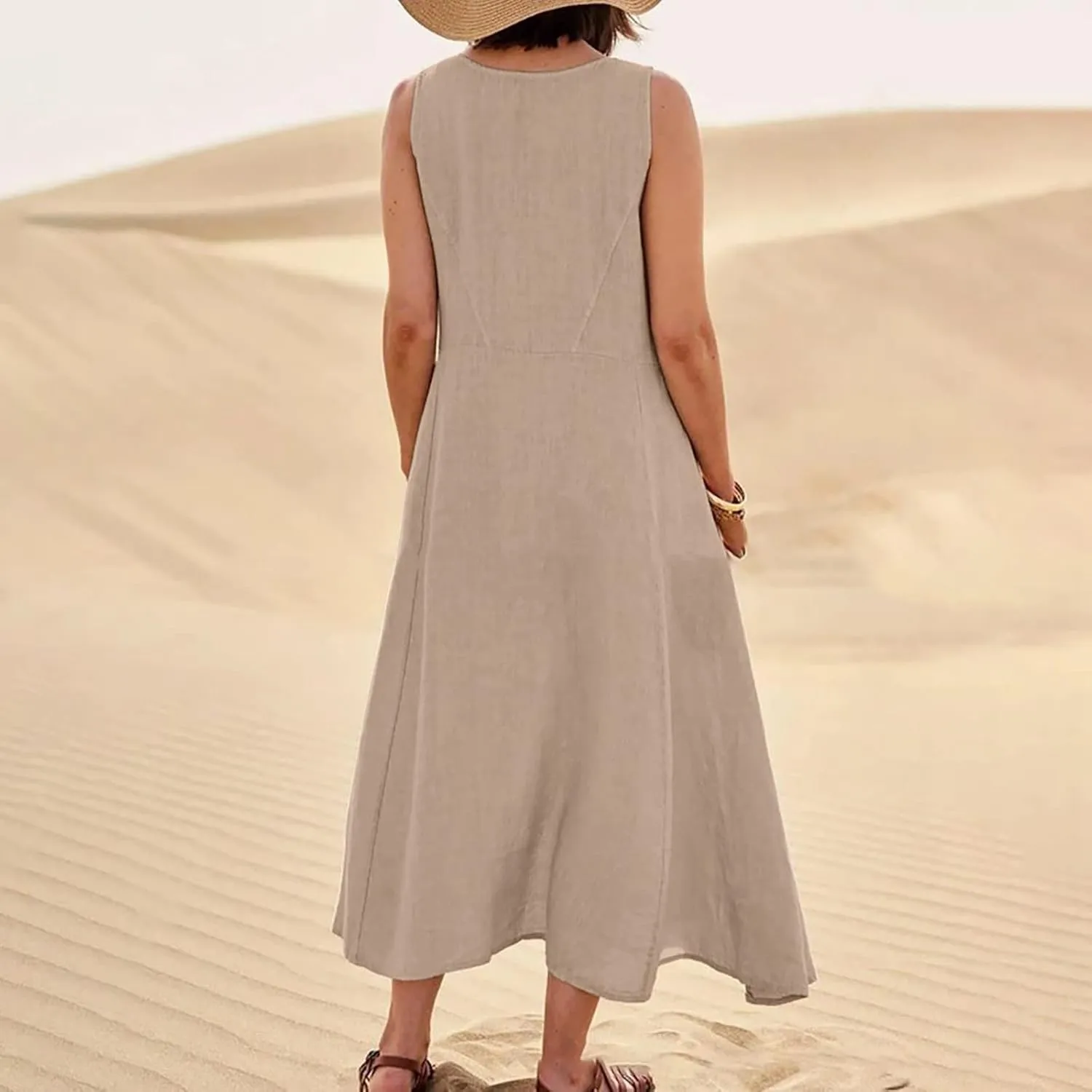 Womens Summer Linen Tank Dresses Casual Beach Floral Sleeveless Vacation Sundress Travel Outfits Cotton Maxi Dress