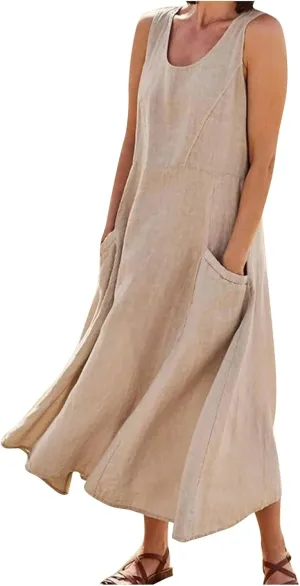 Womens Summer Linen Tank Dresses Casual Beach Floral Sleeveless Vacation Sundress Travel Outfits Cotton Maxi Dress