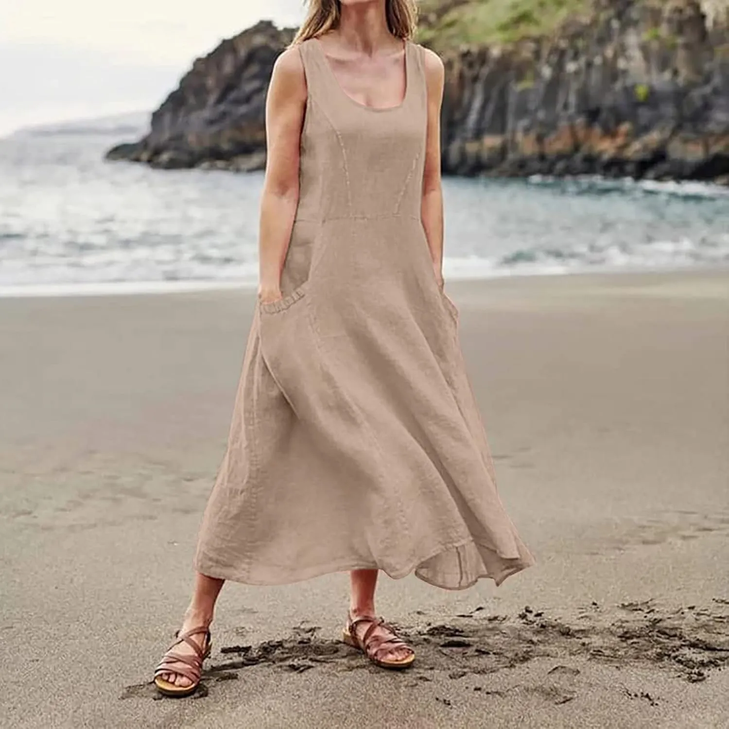 Womens Summer Linen Tank Dresses Casual Beach Floral Sleeveless Vacation Sundress Travel Outfits Cotton Maxi Dress