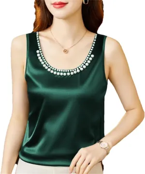 Women's Summer Solid Color Round Neck Beading Sleeveless Commute Loose Pullover Tanks Camisole Tops