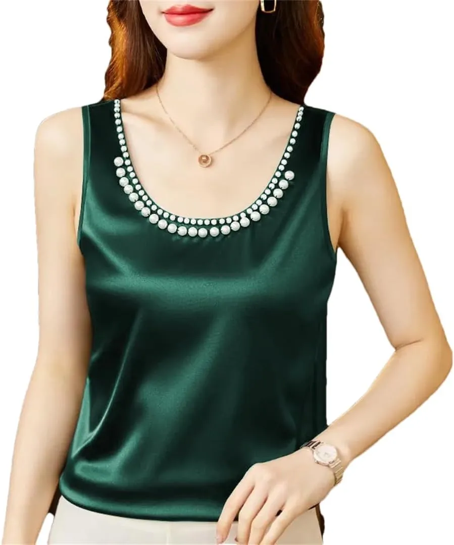 Women's Summer Solid Color Round Neck Beading Sleeveless Commute Loose Pullover Tanks Camisole Tops