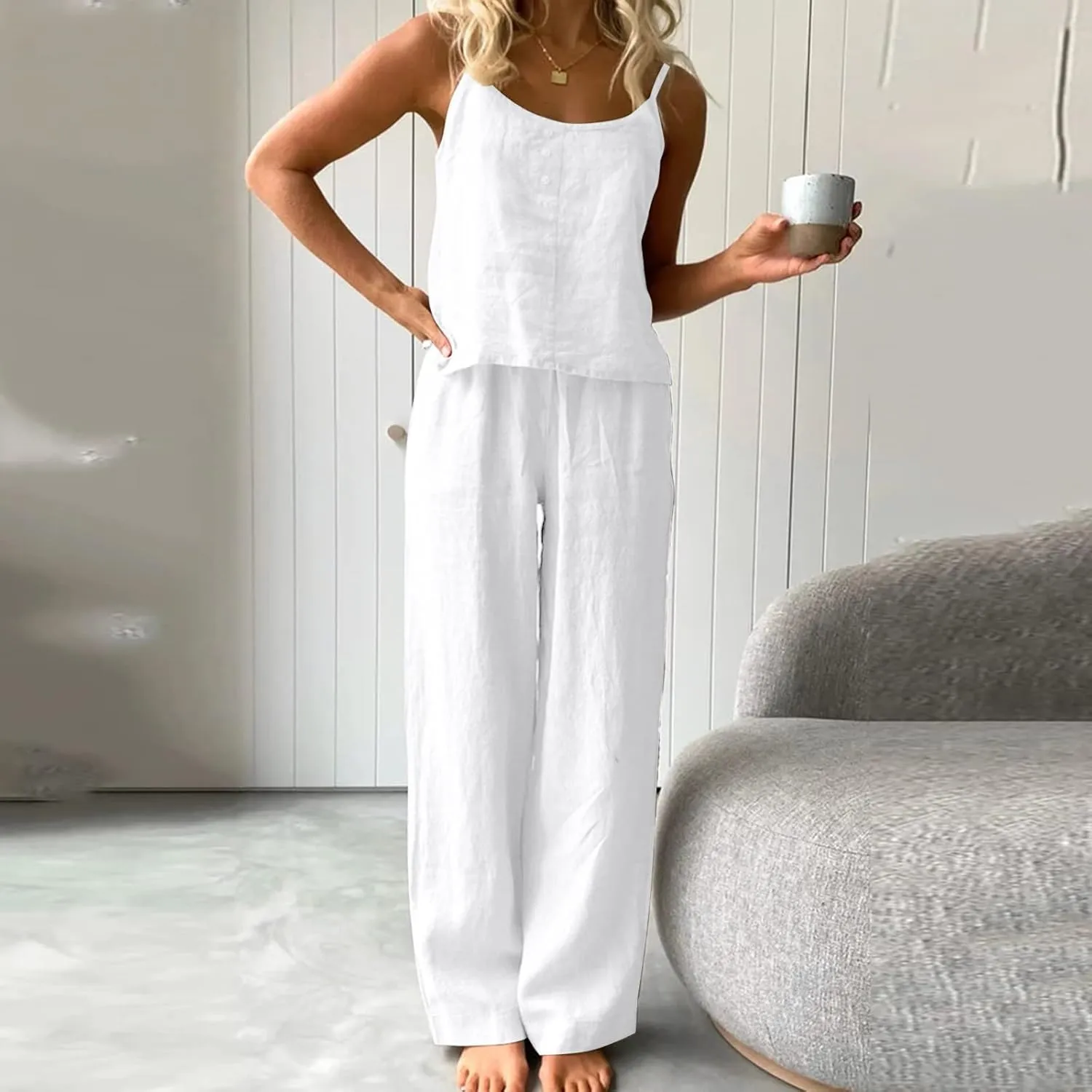 Women's Summer Solid Color Thin Pajamas Sleeveless Suspenders Trousers Set Loose Fashion and Suit for Women