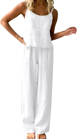 Women's Summer Solid Color Thin Pajamas Sleeveless Suspenders Trousers Set Loose Fashion and Suit for Women