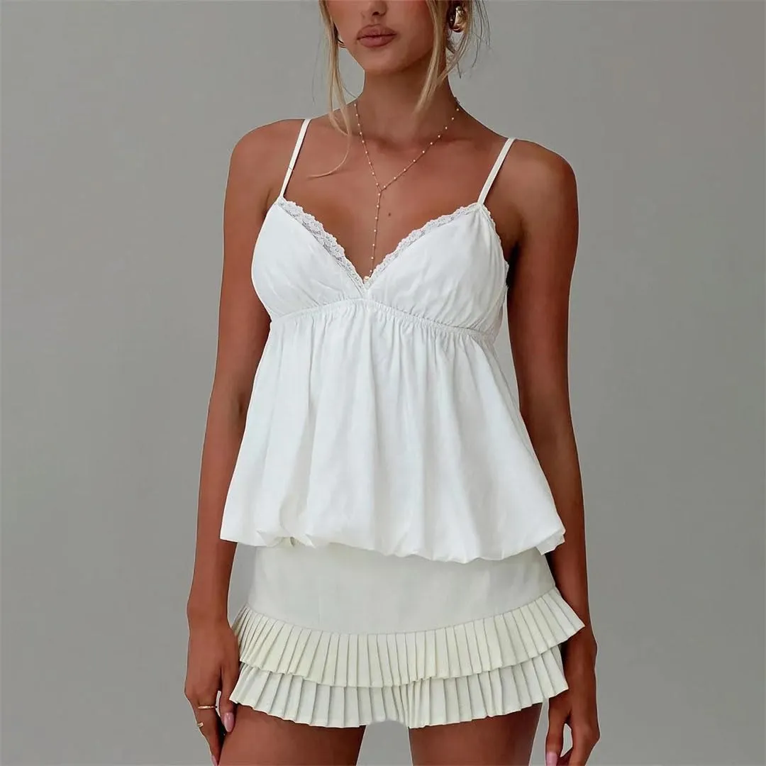 Women's Sweet Camisoles Adjustable Thin Spaghetti Straps Lace Trim V-Neck Flowy Flare Hem Crop Tank Tops