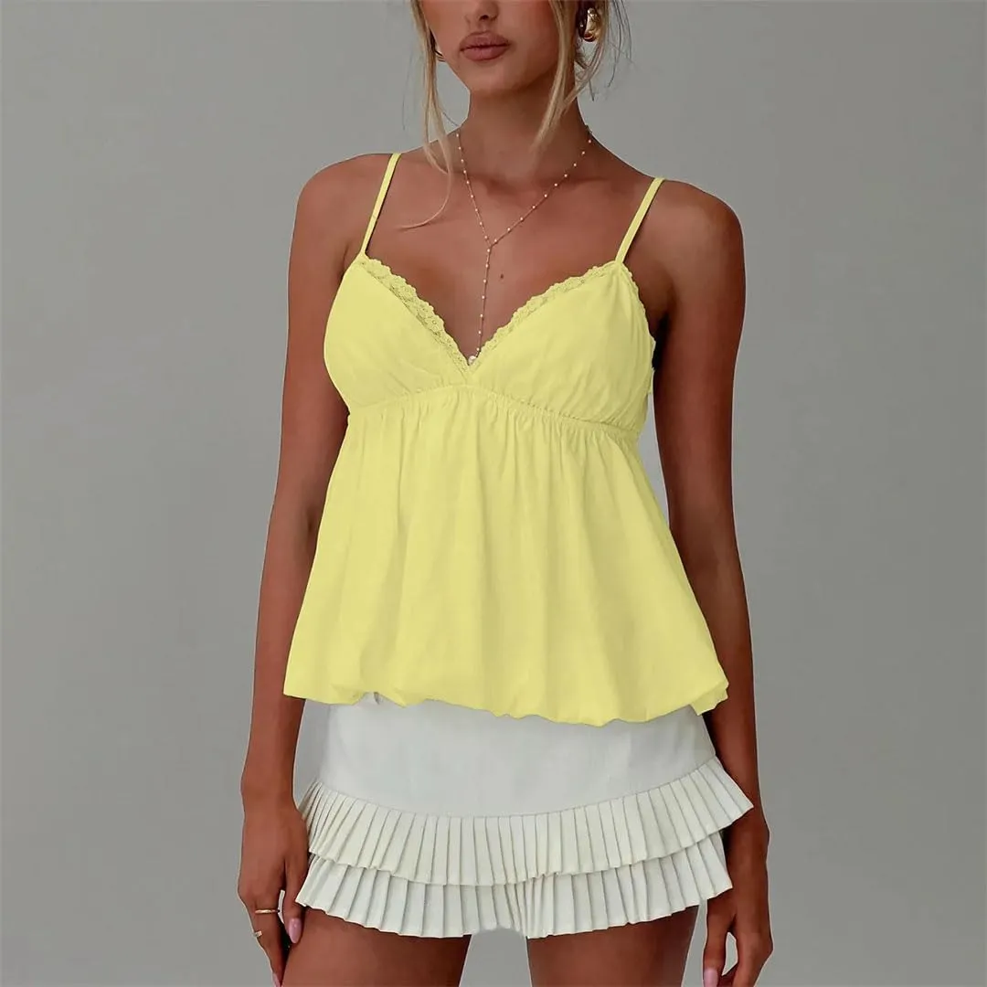 Women's Sweet Camisoles Adjustable Thin Spaghetti Straps Lace Trim V-Neck Flowy Flare Hem Crop Tank Tops
