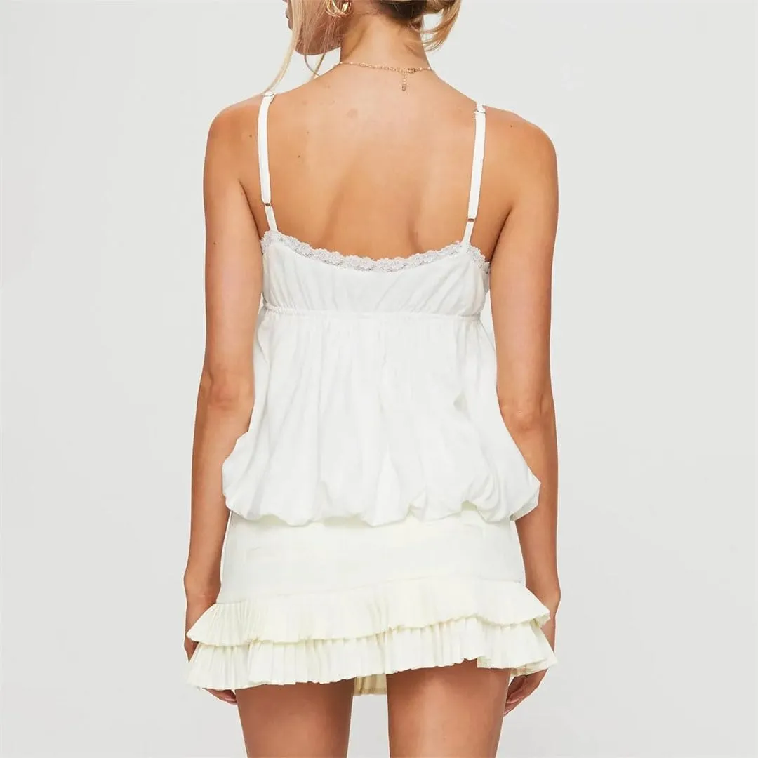 Women's Sweet Camisoles Adjustable Thin Spaghetti Straps Lace Trim V-Neck Flowy Flare Hem Crop Tank Tops