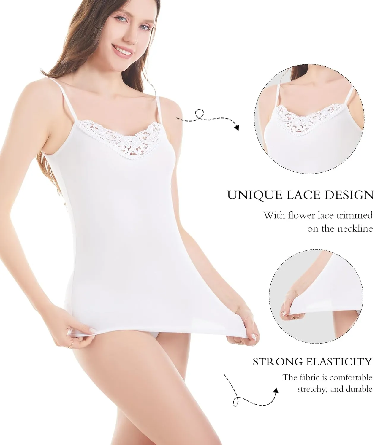 Womens Tank Top Camisoles with Premium Cotton Italian Design - Trimmed with Flower Lace on Neckline