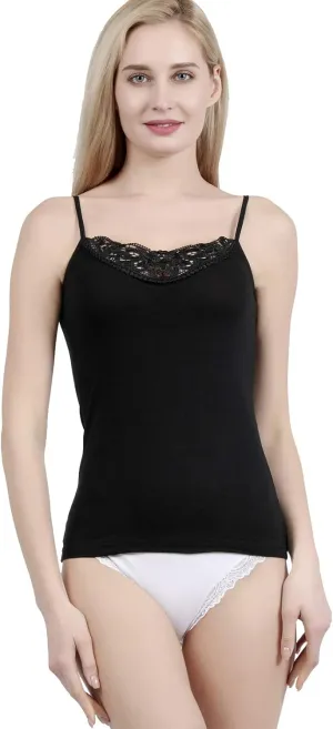 Womens Tank Top Camisoles with Premium Cotton Italian Design - Trimmed with Flower Lace on Neckline