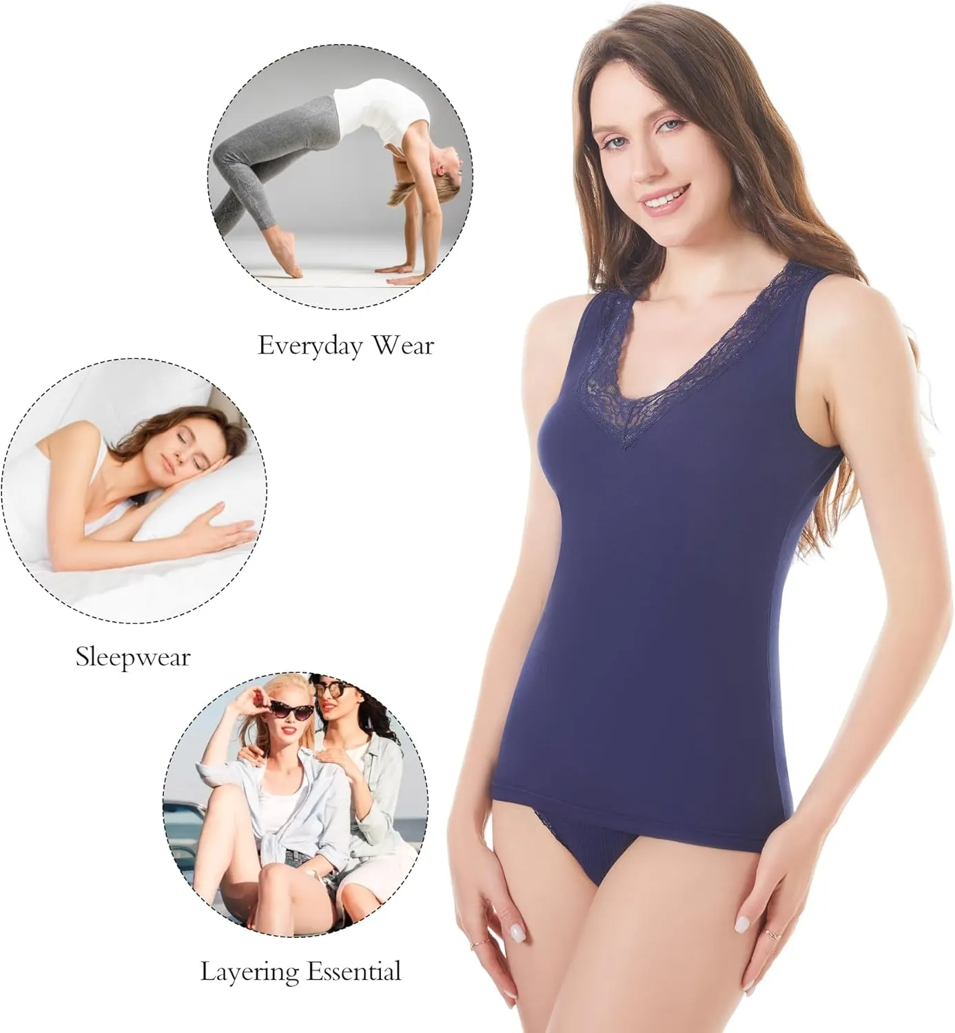 Womens Tank Top Camisoles with Premium Cotton Italian Design - Trimmed with Flower Lace on Neckline