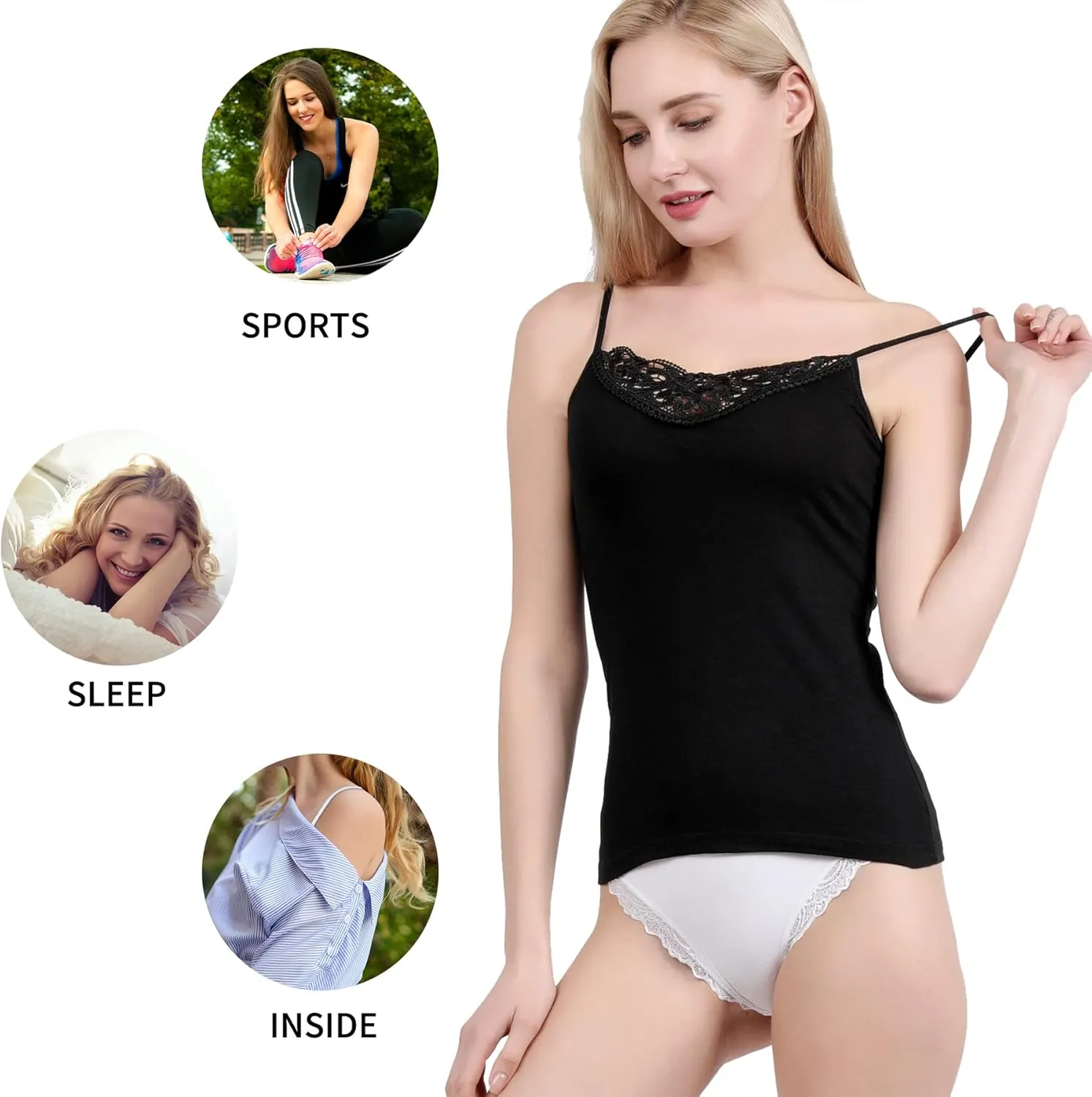 Womens Tank Top Camisoles with Premium Cotton Italian Design - Trimmed with Flower Lace on Neckline