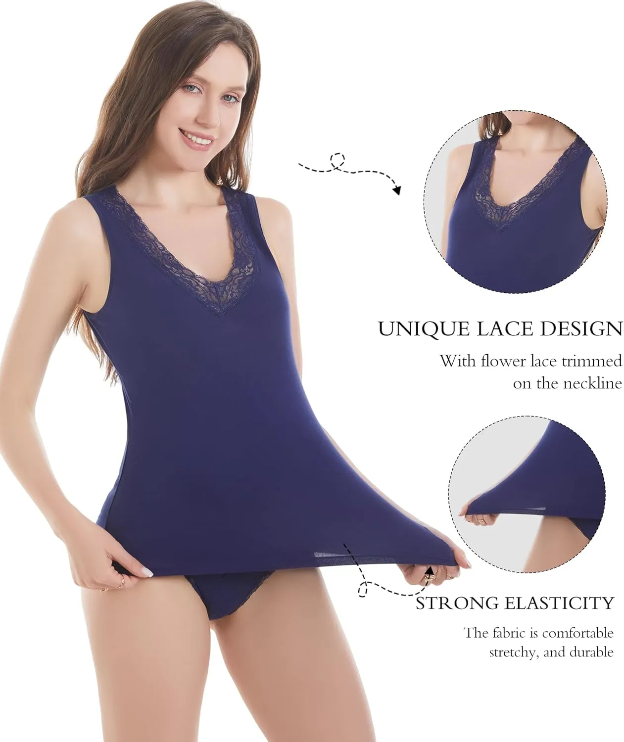 Womens Tank Top Camisoles with Premium Cotton Italian Design - Trimmed with Flower Lace on Neckline
