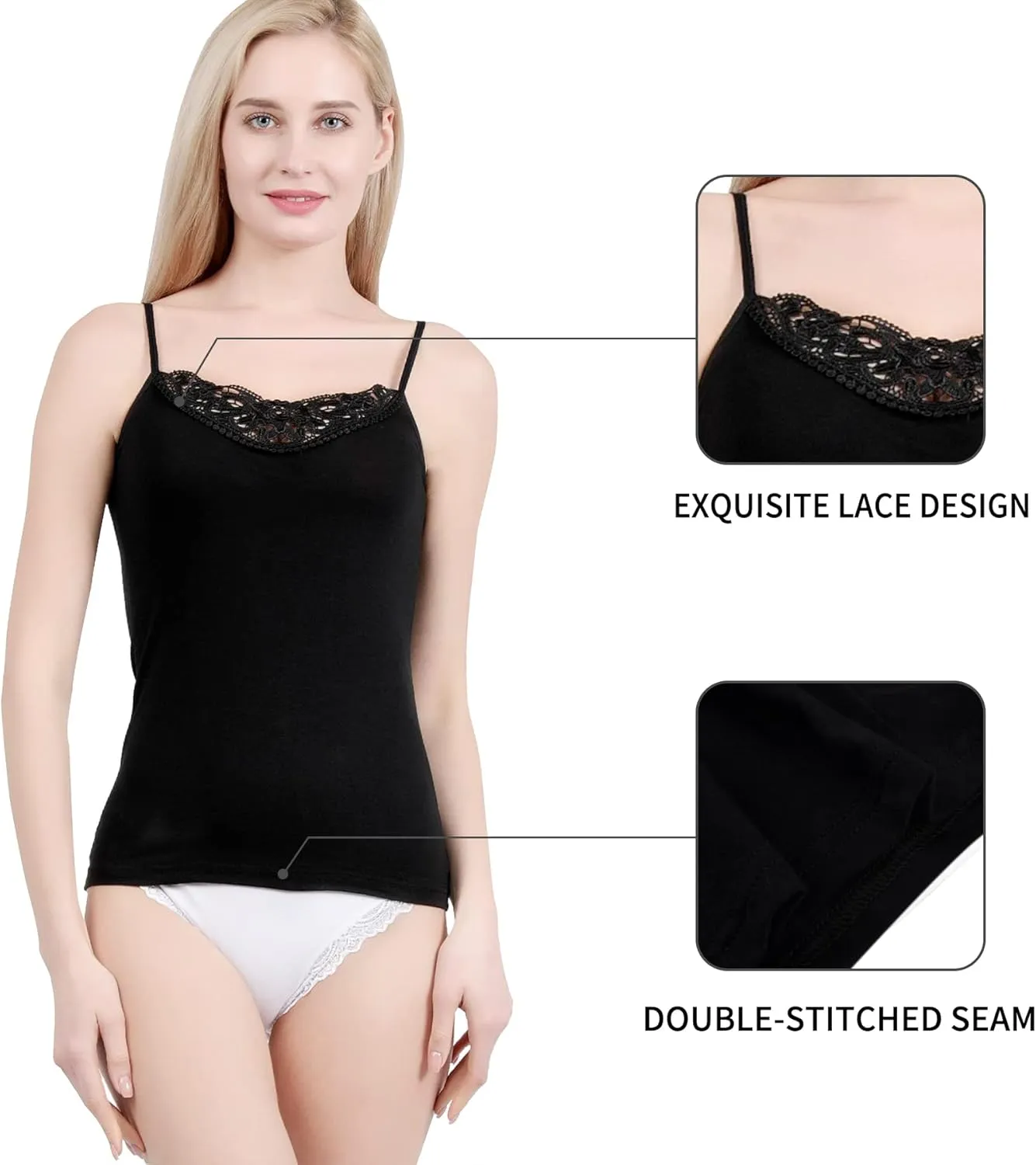 Womens Tank Top Camisoles with Premium Cotton Italian Design - Trimmed with Flower Lace on Neckline