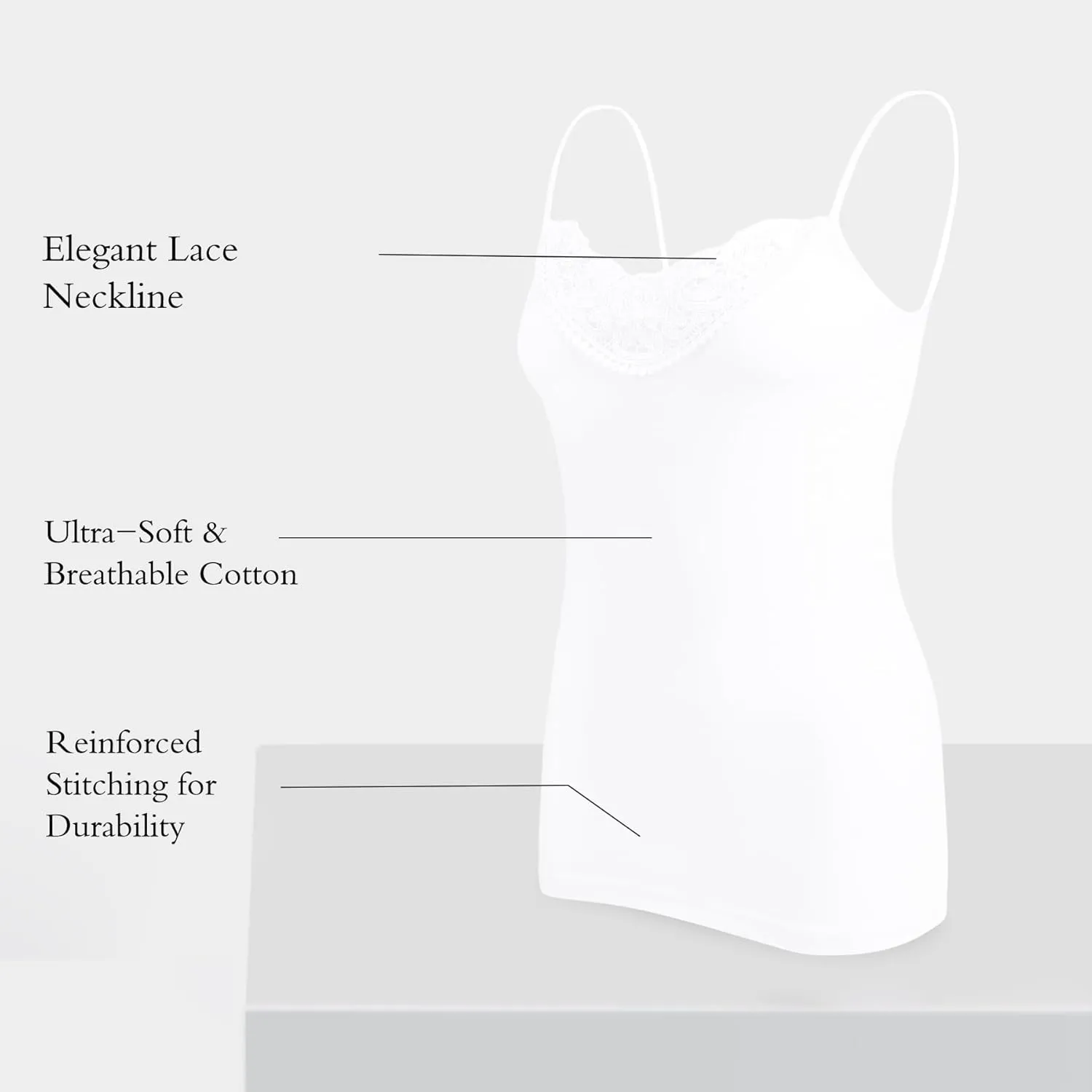 Womens Tank Top Camisoles with Premium Cotton Italian Design - Trimmed with Flower Lace on Neckline