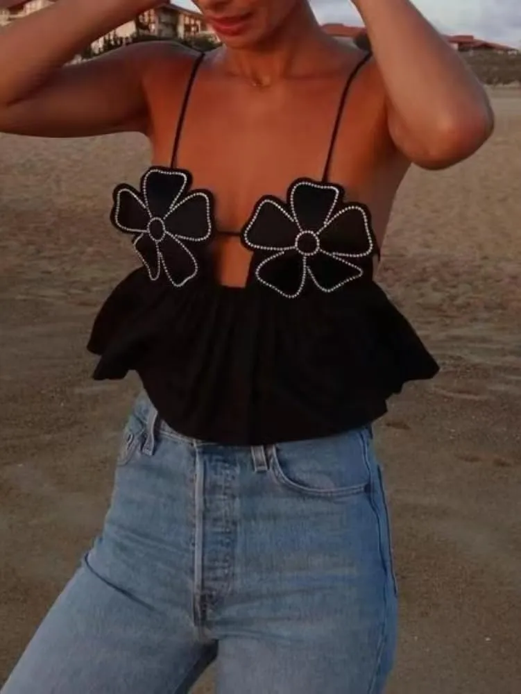 Women's Tank Tops 3D Flower Summer Sleeveless Sexy Backless Top Camisoles Y2k Going Out Party Shirt Streetwear
