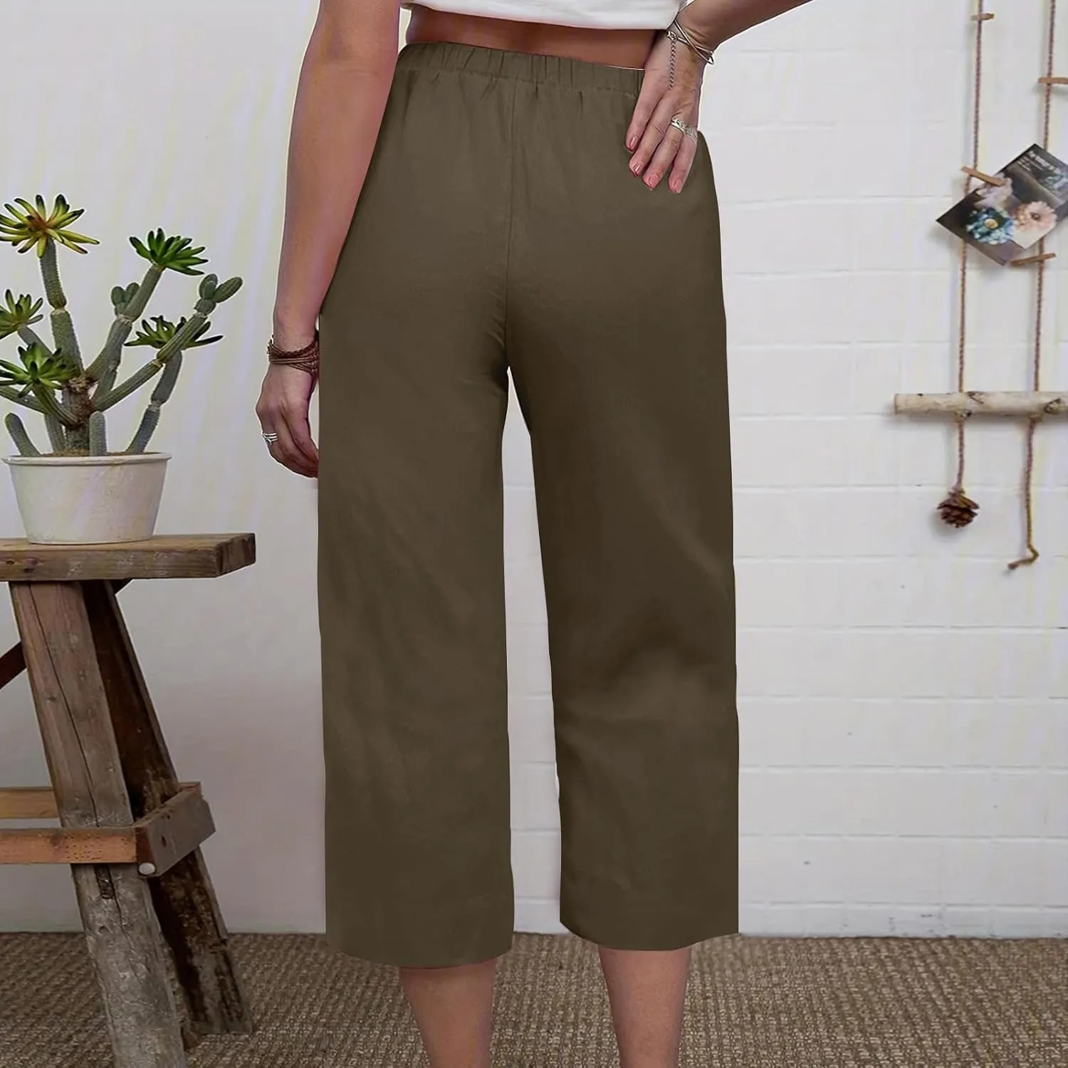 Women's Wide Leg Cropped Pants High Waist Cotton Linen Capris Pants Summer Vacation Fashion Outfit Casual Trousers
