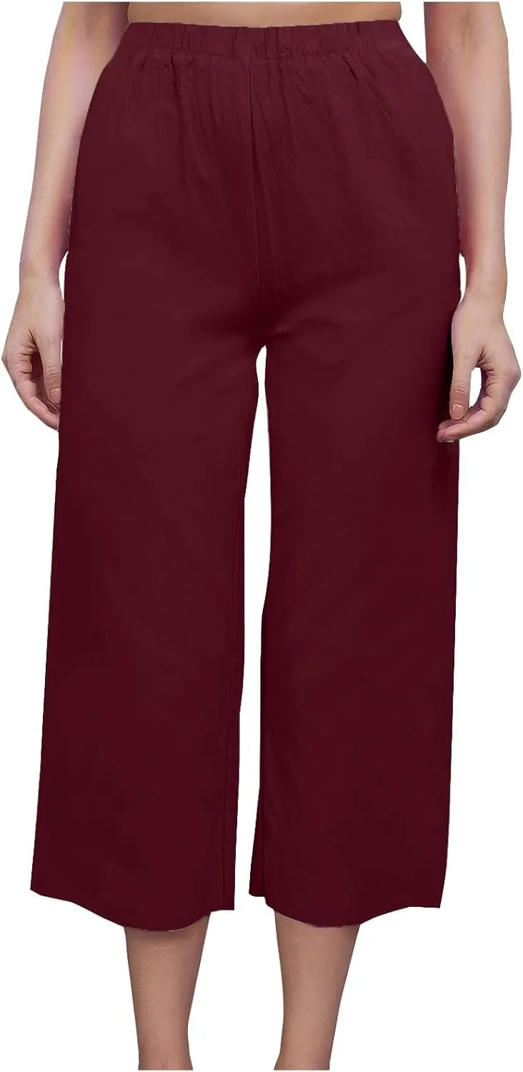 Women's Wide Leg Cropped Pants High Waist Cotton Linen Capris Pants Summer Vacation Fashion Outfit Casual Trousers