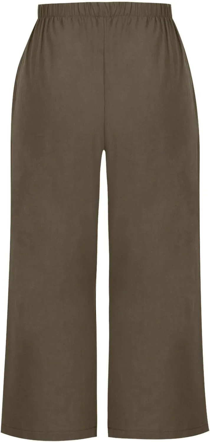 Women's Wide Leg Cropped Pants High Waist Cotton Linen Capris Pants Summer Vacation Fashion Outfit Casual Trousers