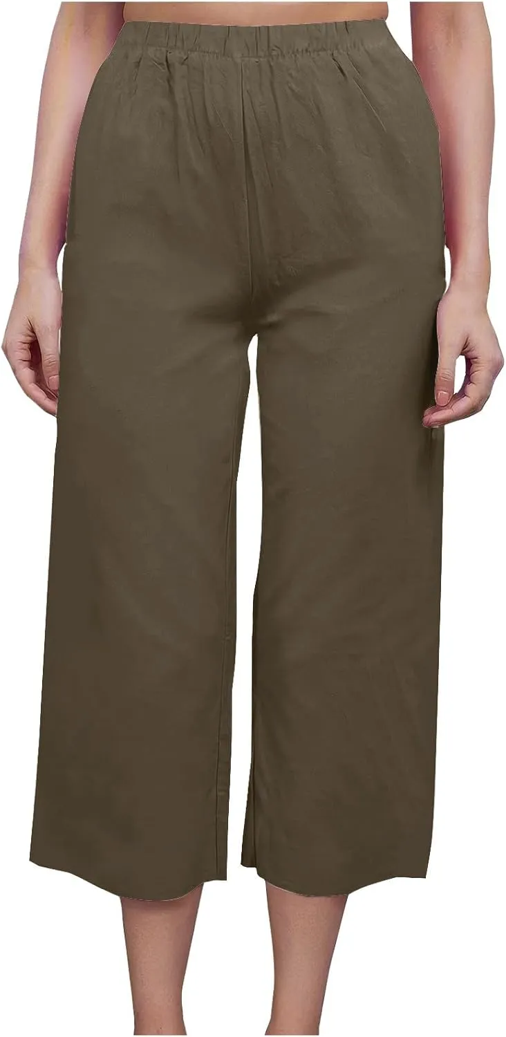 Women's Wide Leg Cropped Pants High Waist Cotton Linen Capris Pants Summer Vacation Fashion Outfit Casual Trousers