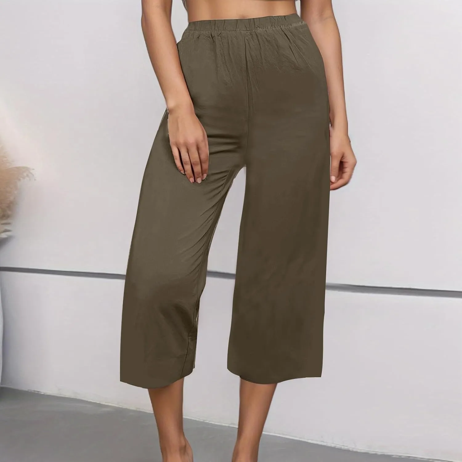 Women's Wide Leg Cropped Pants High Waist Cotton Linen Capris Pants Summer Vacation Fashion Outfit Casual Trousers