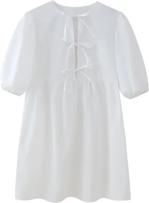 Womens Y2k Babydoll Mini Dress Short Puff Sleeve Bow Tie Front Peplum Dress Cute Loose Fit High Waist Short Dresses