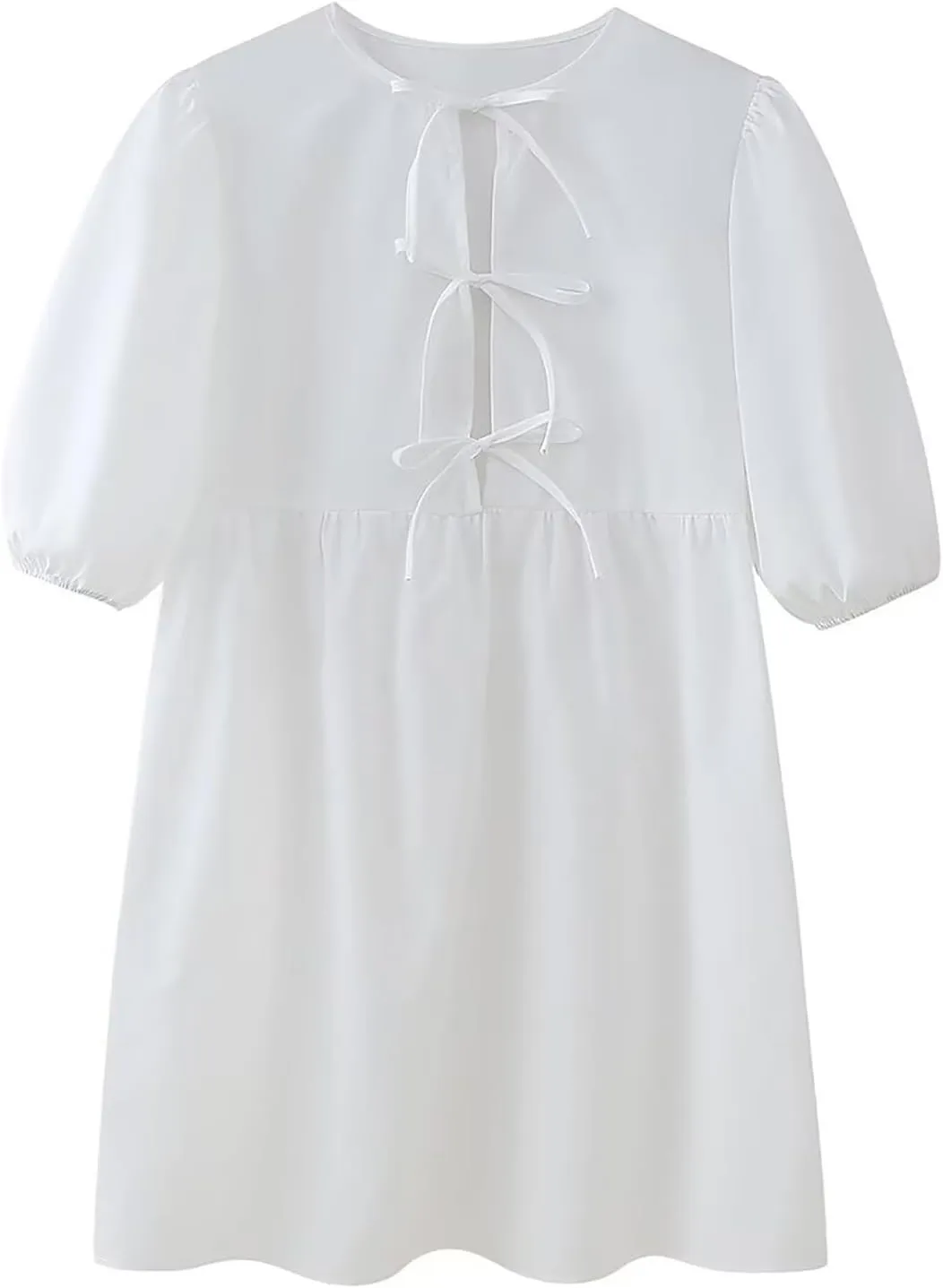 Womens Y2k Babydoll Mini Dress Short Puff Sleeve Bow Tie Front Peplum Dress Cute Loose Fit High Waist Short Dresses