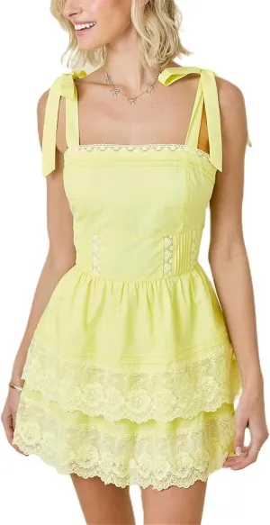 Womens Y2k Bow Tie Shoulder Mini Dress Lace Patchwork Backless Ruffle Slip Dresses Flowy Swing Pleated Sundress