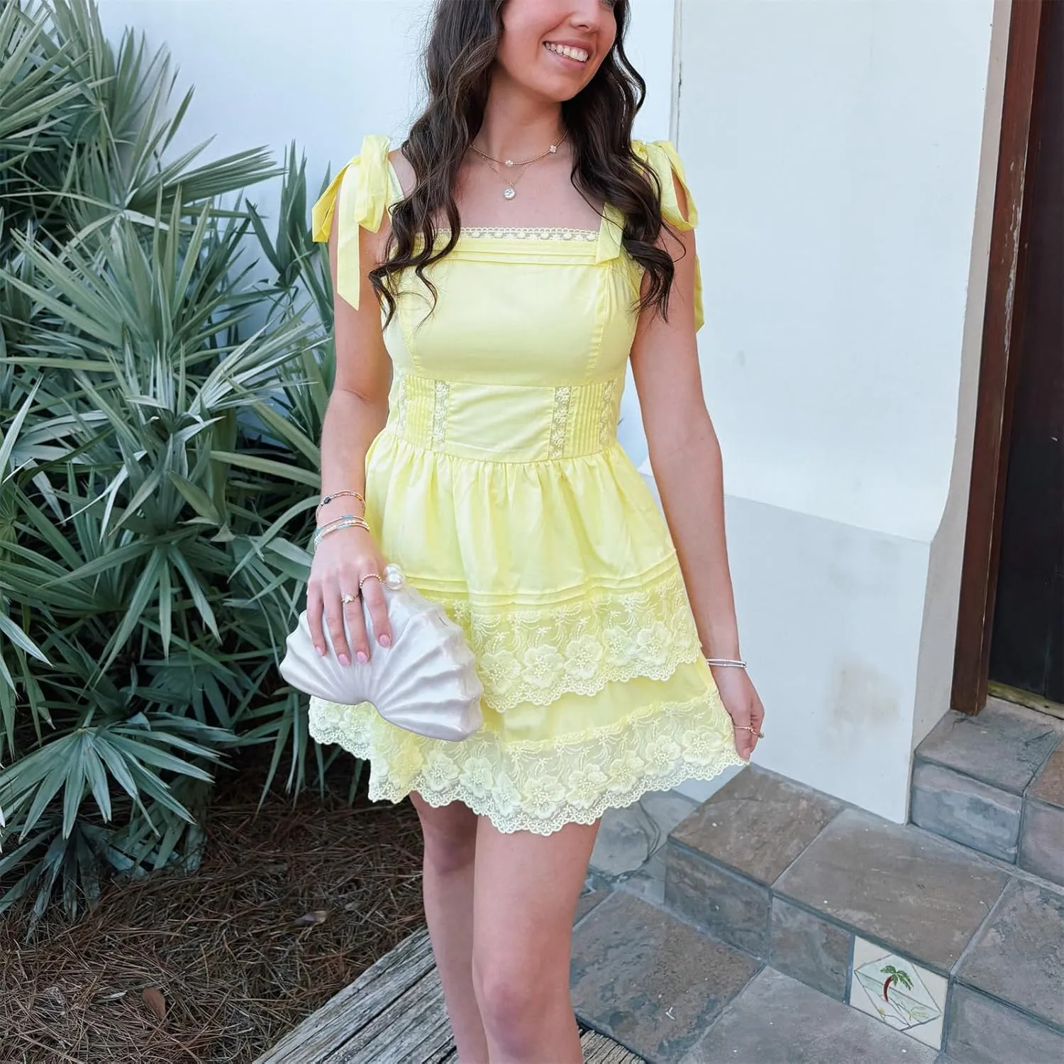 Womens Y2k Bow Tie Shoulder Mini Dress Lace Patchwork Backless Ruffle Slip Dresses Flowy Swing Pleated Sundress