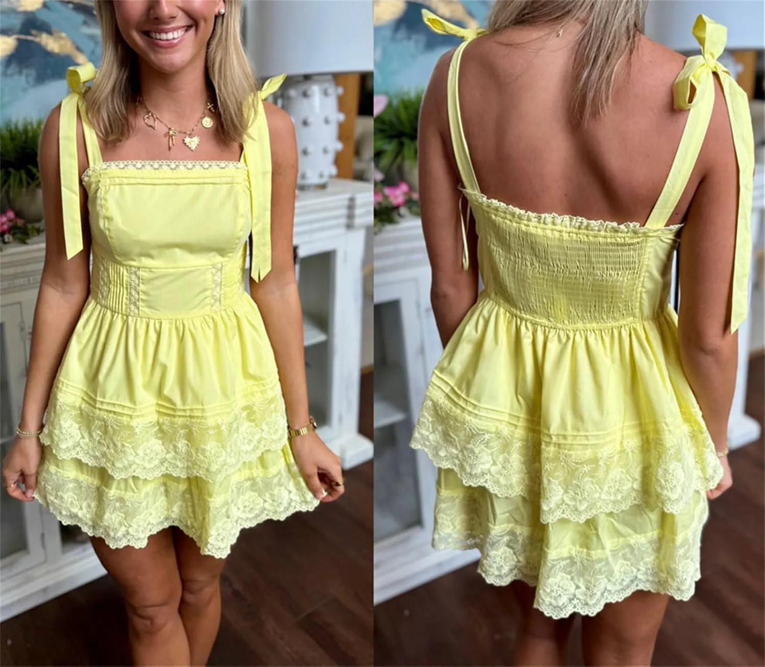 Womens Y2k Bow Tie Shoulder Mini Dress Lace Patchwork Backless Ruffle Slip Dresses Flowy Swing Pleated Sundress