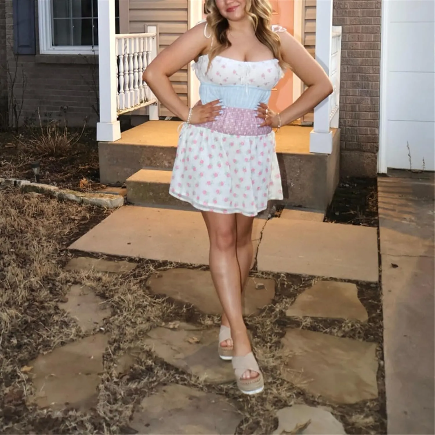 Womens Y2k Bow Tie Shoulder Mini Dress Lace Patchwork Backless Ruffle Slip Dresses Flowy Swing Pleated Sundress
