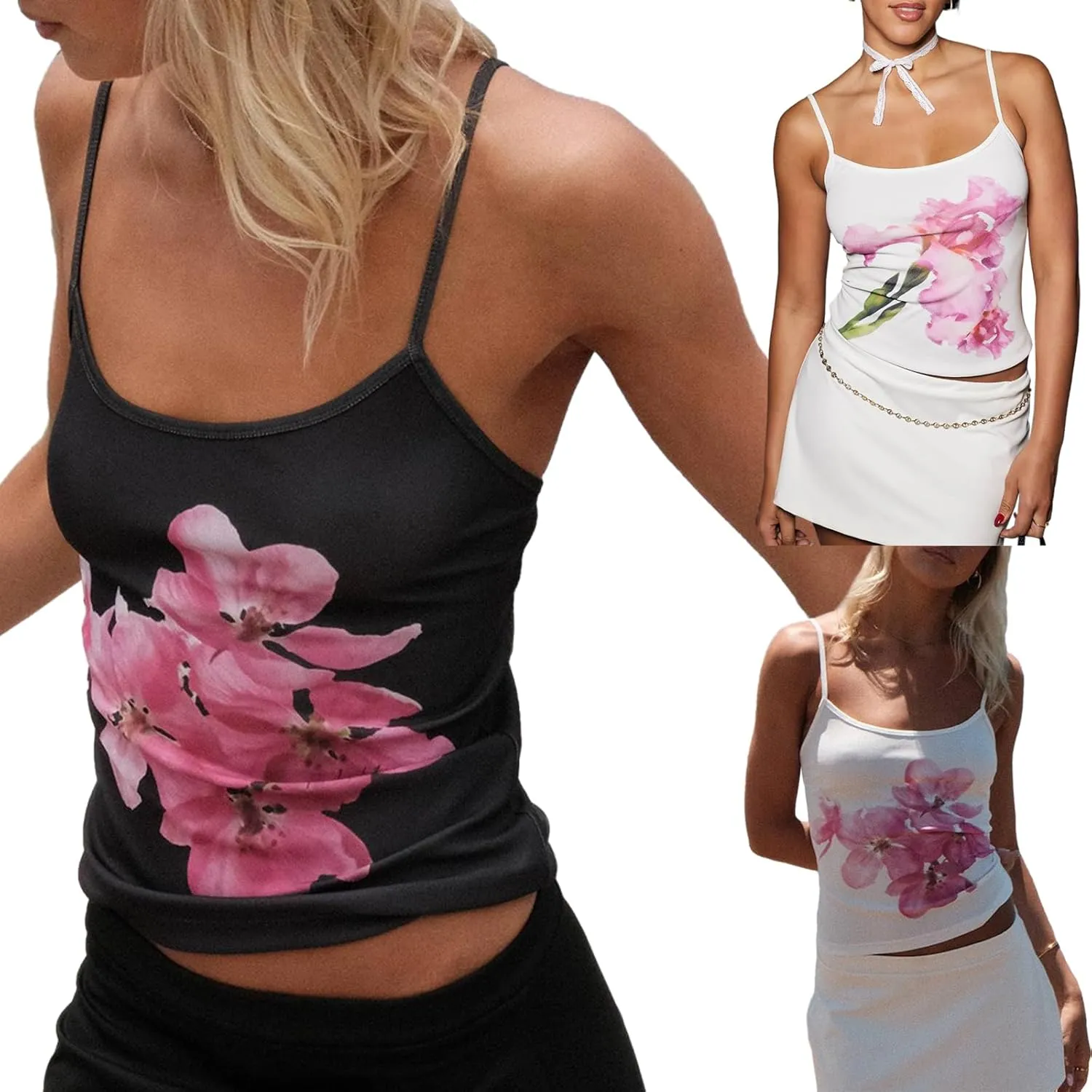 Women's Y2k Spaghetti Strap Lace Camisole Sleeveless Floral Print Ruffle Cami Top Slim Fit Crop Tops Streetwear