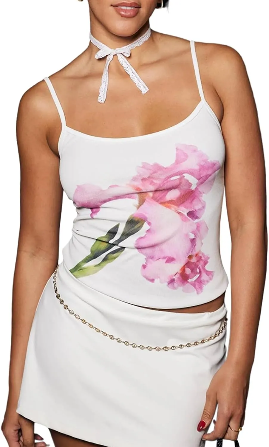 Women's Y2k Spaghetti Strap Lace Camisole Sleeveless Floral Print Ruffle Cami Top Slim Fit Crop Tops Streetwear