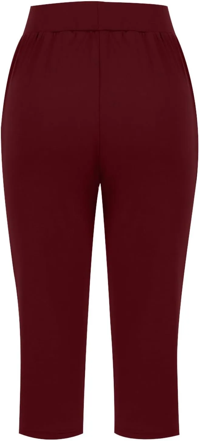Women's Yoga Pant with Pockets Elastic High Waist Cropped Trousers Comfy Straight Leg Capris Joggers Workout Gym