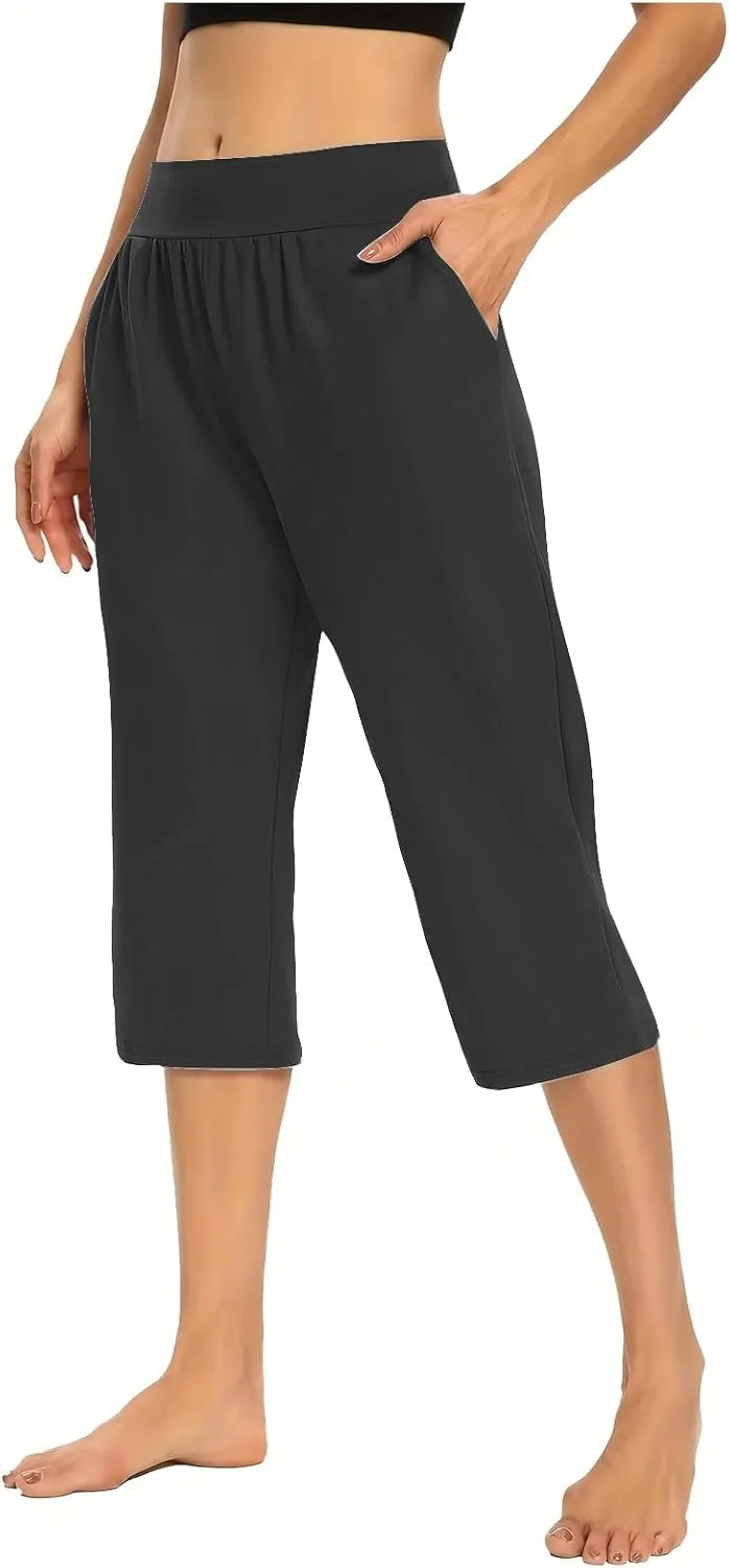 Women's Yoga Pant with Pockets Elastic High Waist Cropped Trousers Comfy Straight Leg Capris Joggers Workout Gym