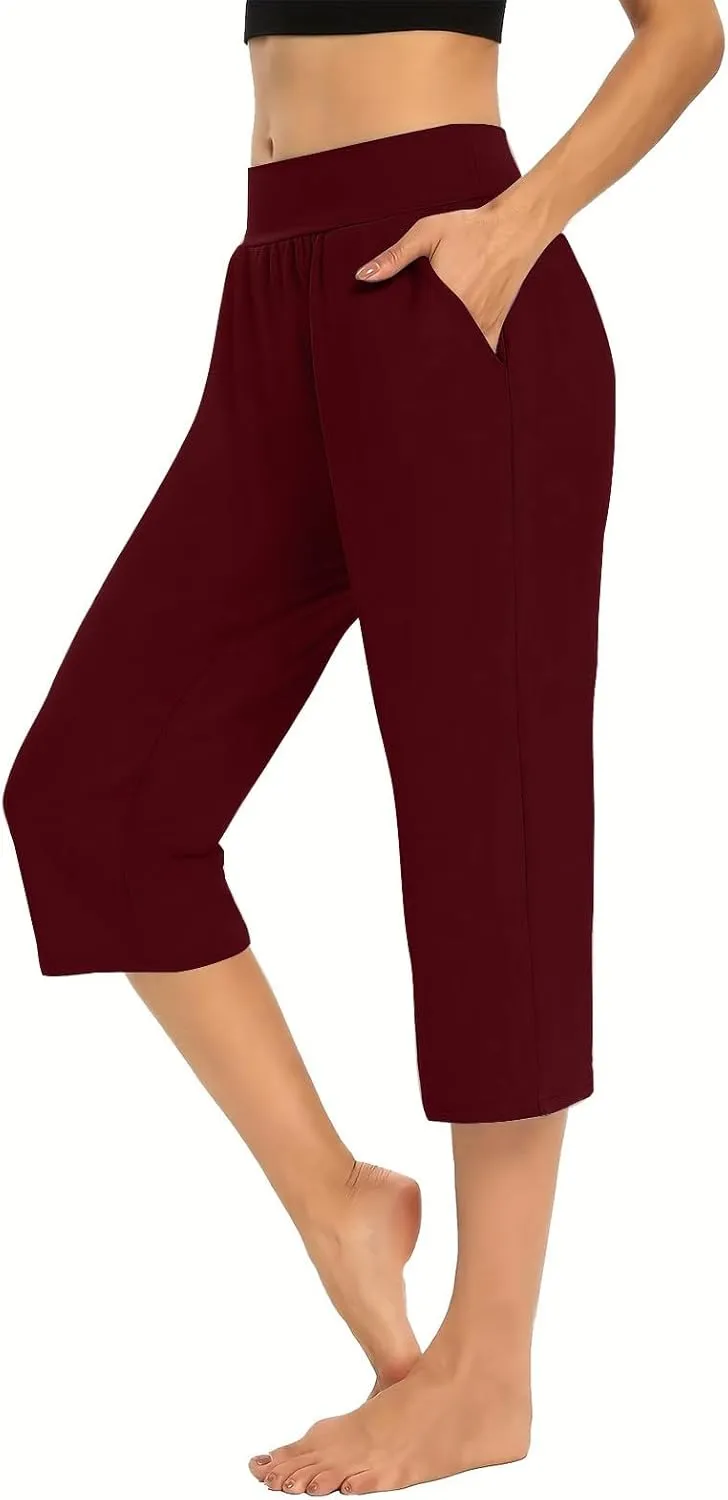 Women's Yoga Pant with Pockets Elastic High Waist Cropped Trousers Comfy Straight Leg Capris Joggers Workout Gym