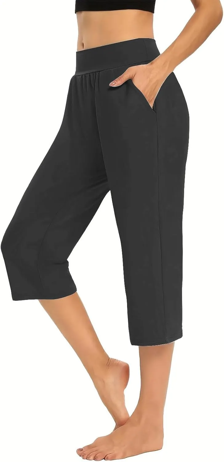 Women's Yoga Pant with Pockets Elastic High Waist Cropped Trousers Comfy Straight Leg Capris Joggers Workout Gym