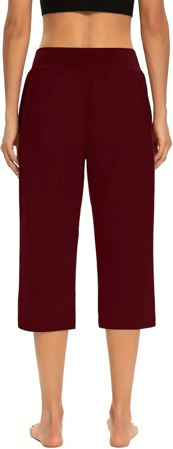 Women's Yoga Pant with Pockets Elastic High Waist Cropped Trousers Comfy Straight Leg Capris Joggers Workout Gym