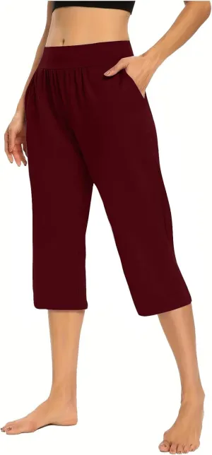 Women's Yoga Pant with Pockets Elastic High Waist Cropped Trousers Comfy Straight Leg Capris Joggers Workout Gym