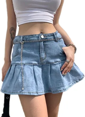 XBTCLXEBCO Girls Women High Waist Denim Skirts Casual A-Line Pleated Ruffled Mini Denim Skirt Flared Short Skater Skirt