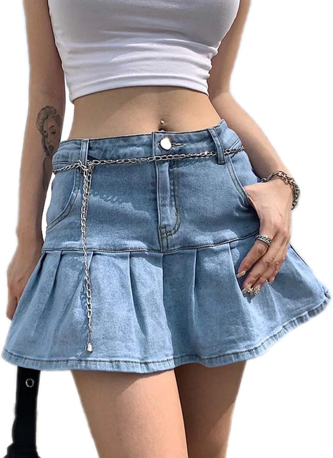 XBTCLXEBCO Girls Women High Waist Denim Skirts Casual A-Line Pleated Ruffled Mini Denim Skirt Flared Short Skater Skirt