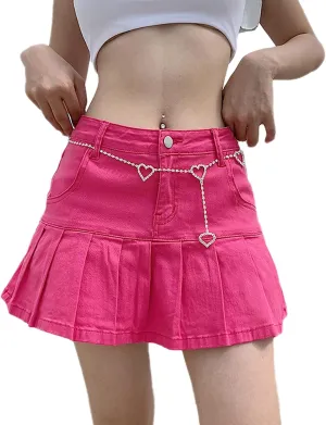 XBTCLXEBCO Girls Women High Waist Denim Skirts Casual A-Line Pleated Ruffled Mini Denim Skirt Flared Short Skater Skirt