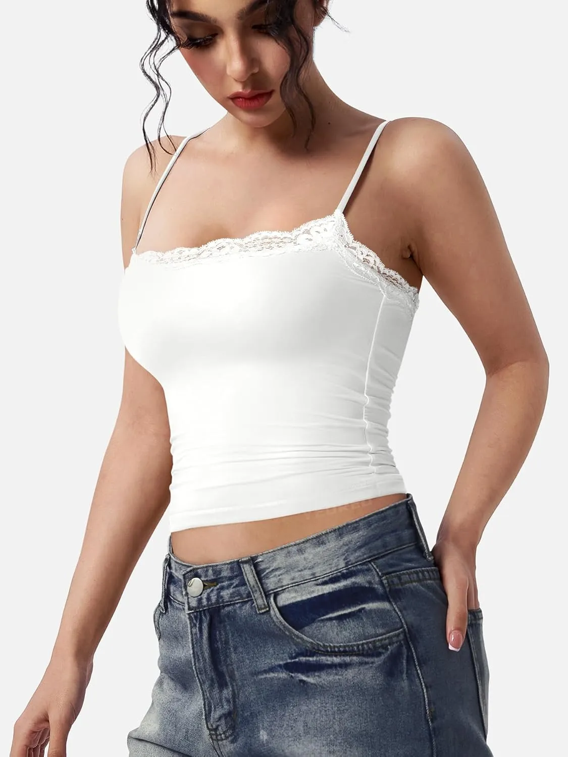 YEOREO Women Lace Tank Top Slim Fit Cami Sexy Sleeveless Y2K Going Out Camisoles Strap Basic Tops