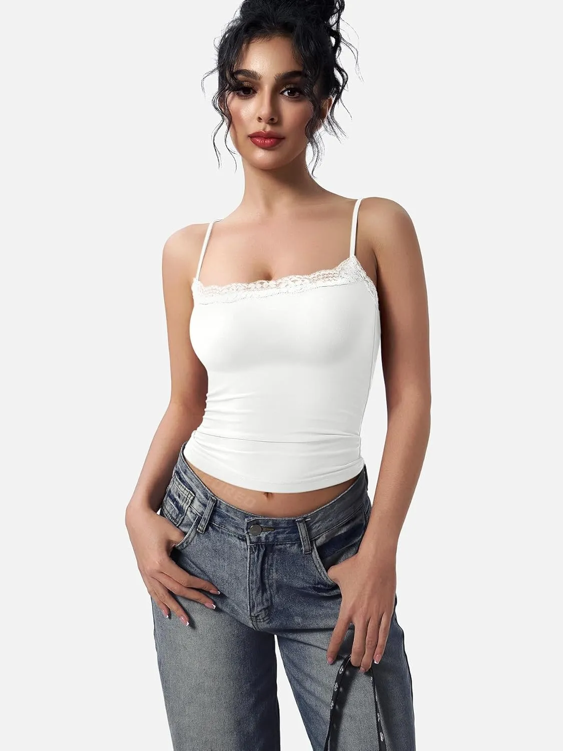 YEOREO Women Lace Tank Top Slim Fit Cami Sexy Sleeveless Y2K Going Out Camisoles Strap Basic Tops